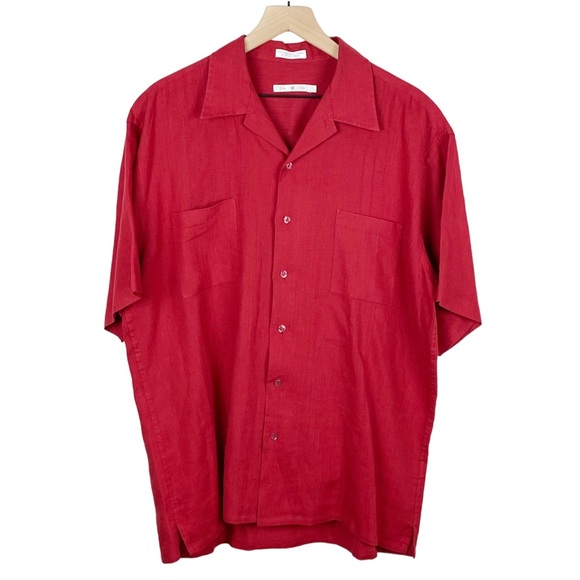Burma Bibas Other - Burma Bibas Shirt Men's Large Red 100% Linen‎ Short Sleeve Button Up